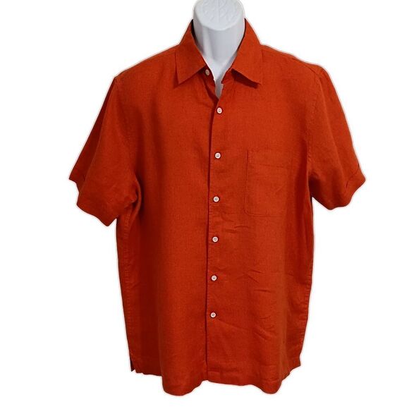 Club Room Luxury Mens Linen Shirt XL Short Sleeve Button Front Orange Tropical - Picture 9 of 16